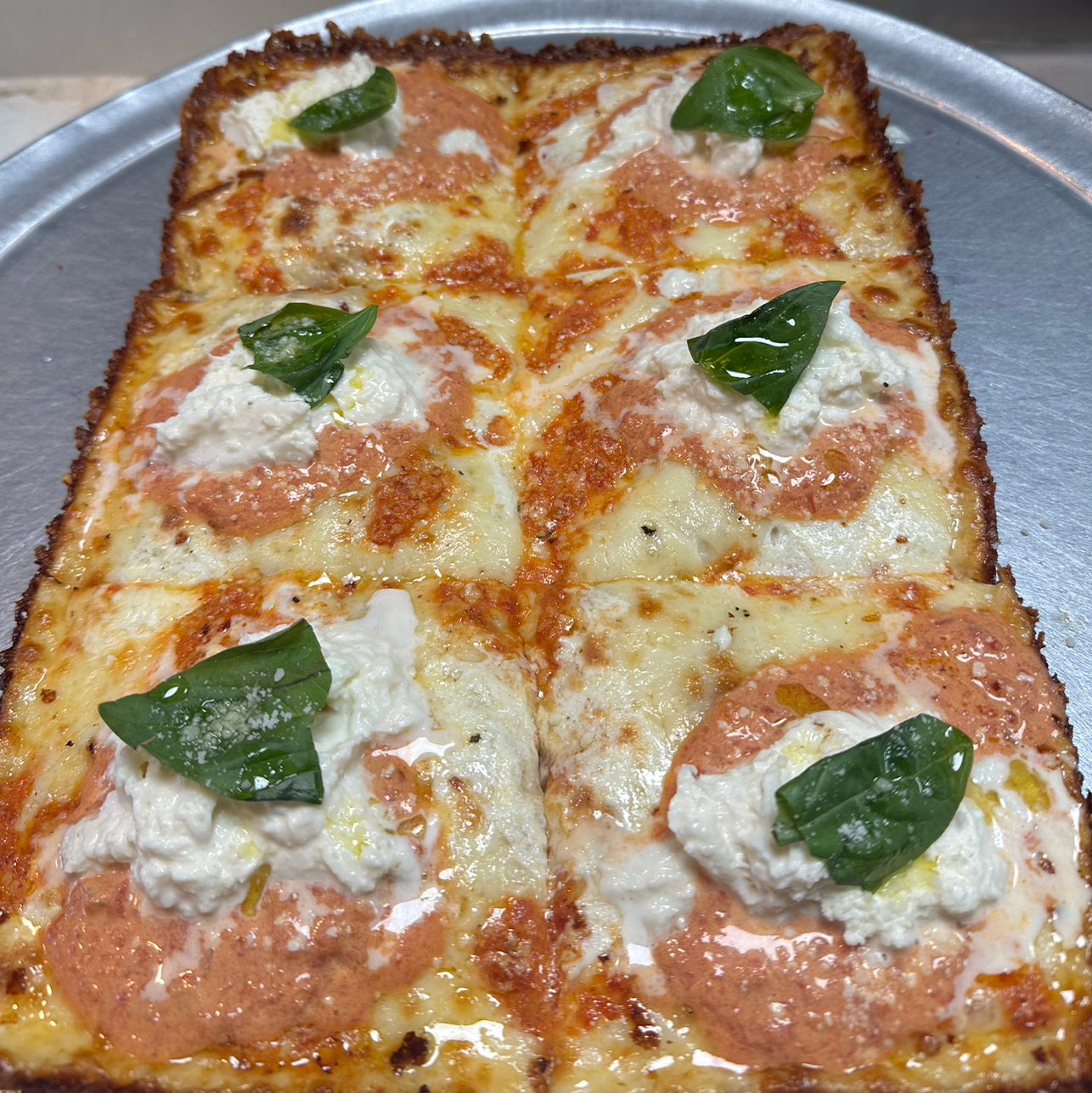 Vodka Burrata Detroit Pie.
