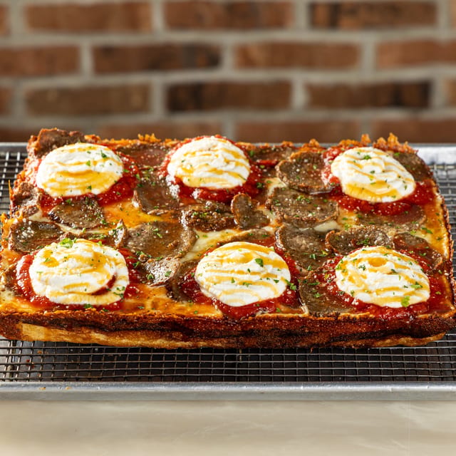 Merry Meatball Detroit Pizza.